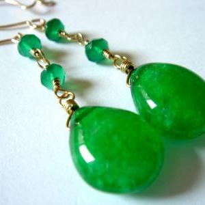 Emerald Green Onyx Drop 14k Gold Filled Earrings