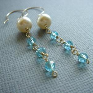 Bridesmaid Blue Crystal And Pearl 14k Gold Filled..