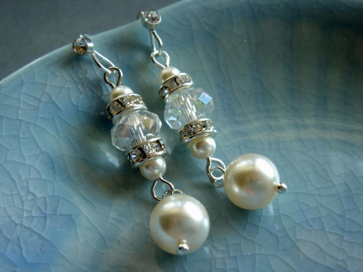 Danice Elegant Long Swarovski Crystal And Pearl Bridal Earrings