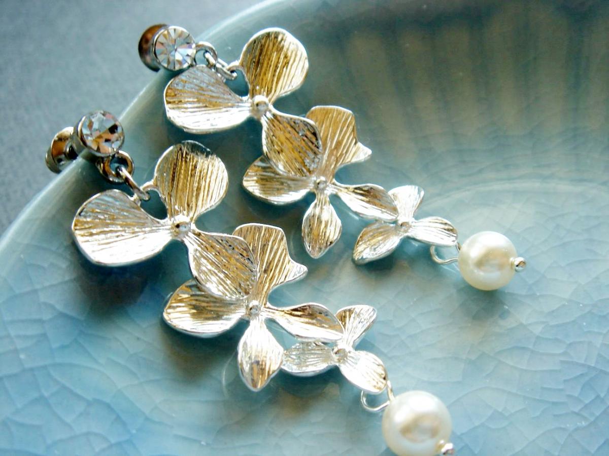 Penelope Silver Orchid Flower Pearl Bridal Earrings