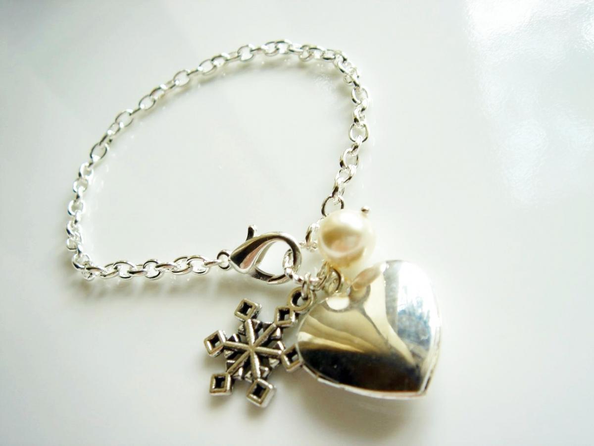 Snowflake Swarovski Pearl And Heart Locket Bracelet
