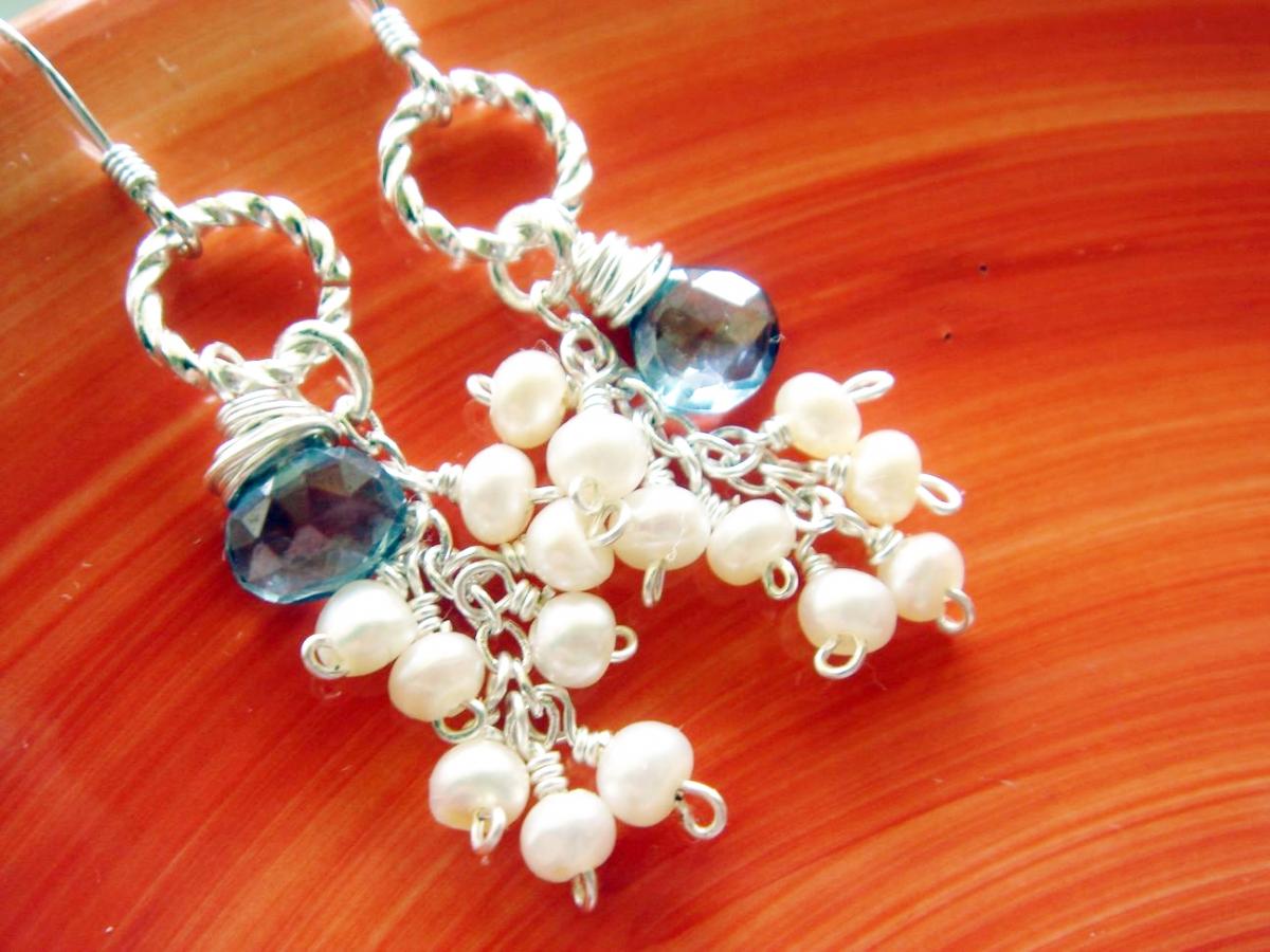 Distinctive Blue Quartz And Tiny Freshwater Pearl Sterling Silver Earrings
