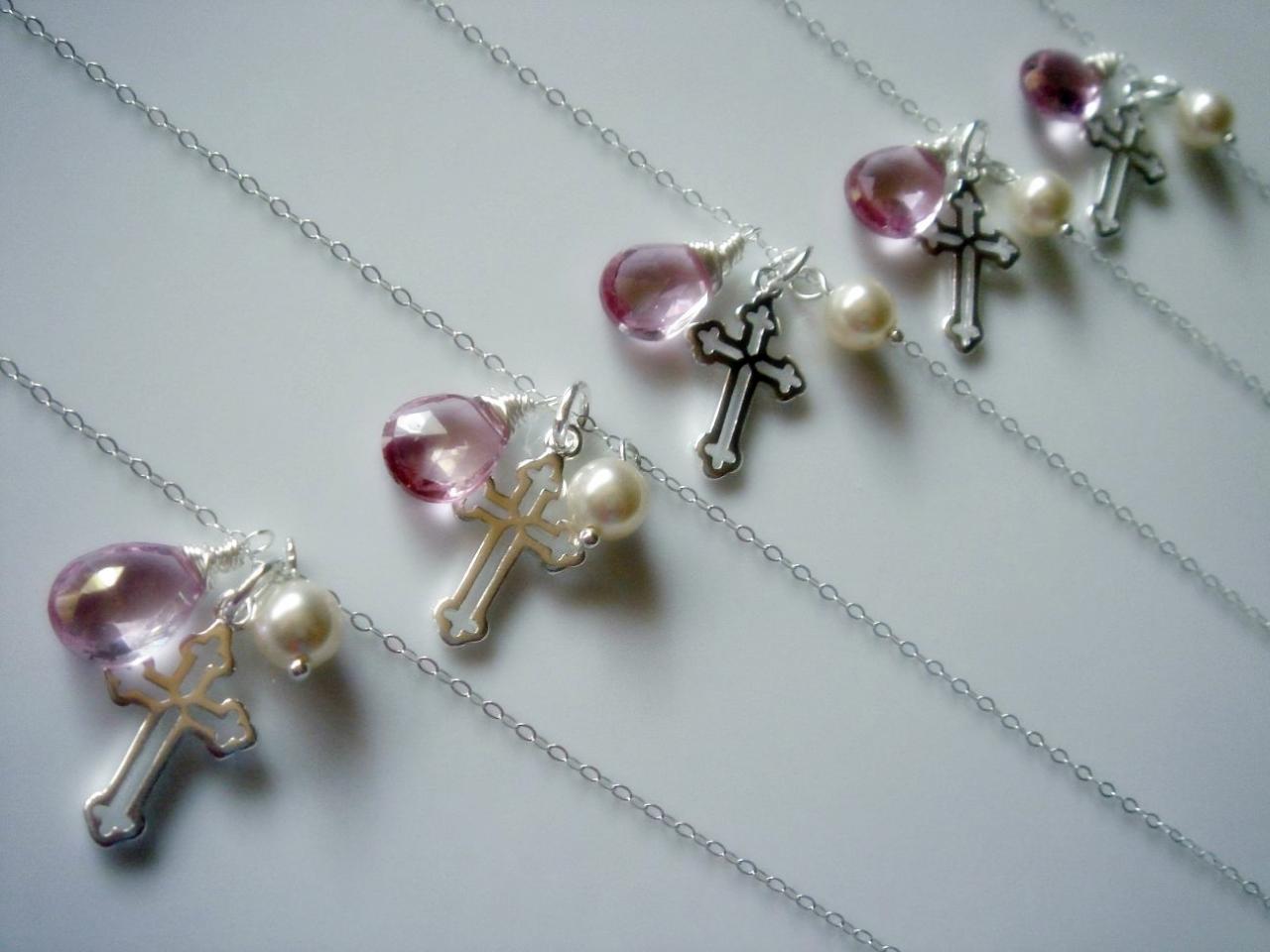 Set of 5 Pink Topaz Sterling Silver Cross Bridesmaid Necklace