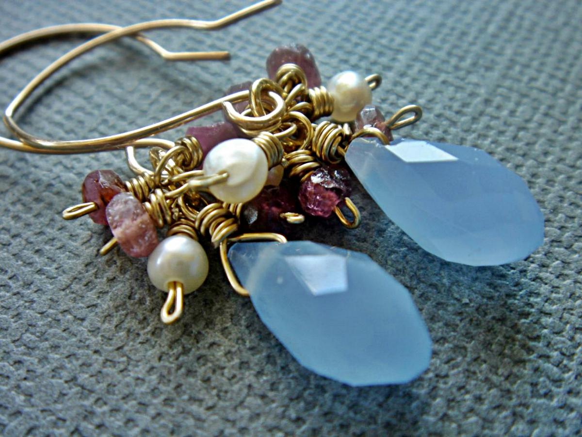 Precious Pink Tourmaline Freshwater Pearl Blue Crystal 14k Gold Filled Earrings
