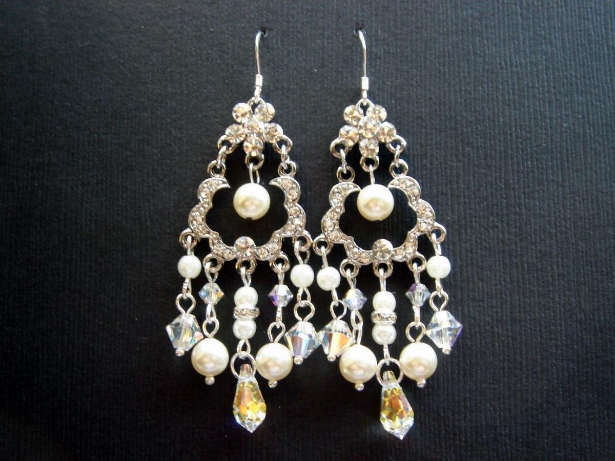 Alexisez Vintage Style Chandelier Pearl And Crystal Bridal 925 Earrings