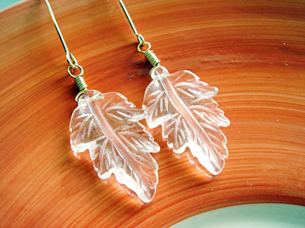 Unique Hand Etched Clear Quartz Leaves 14k Gold Filled Earrings