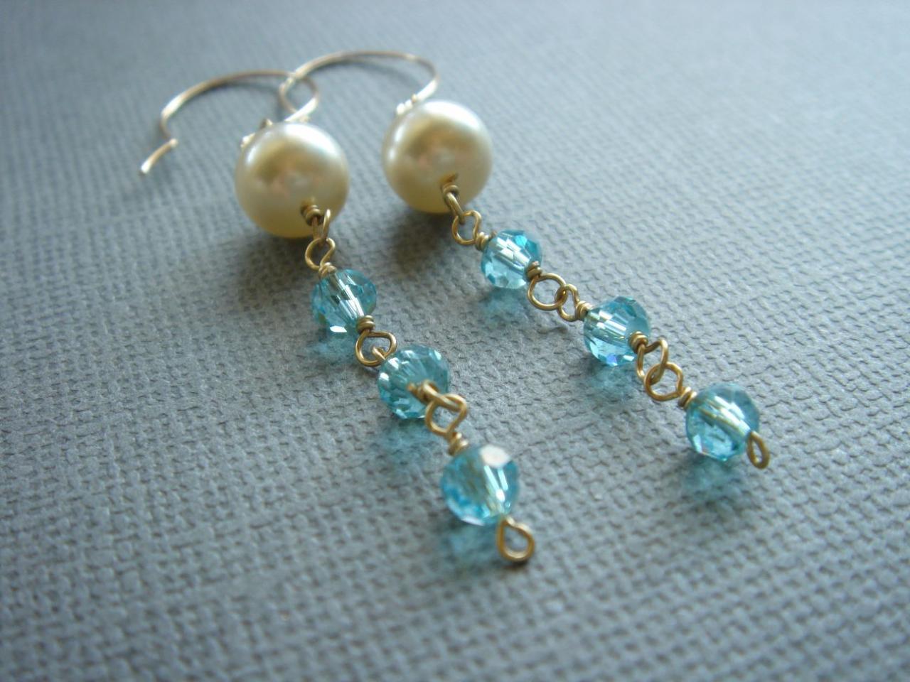Bridesmaid Blue Crystal And Pearl 14k Gold Filled Earrings