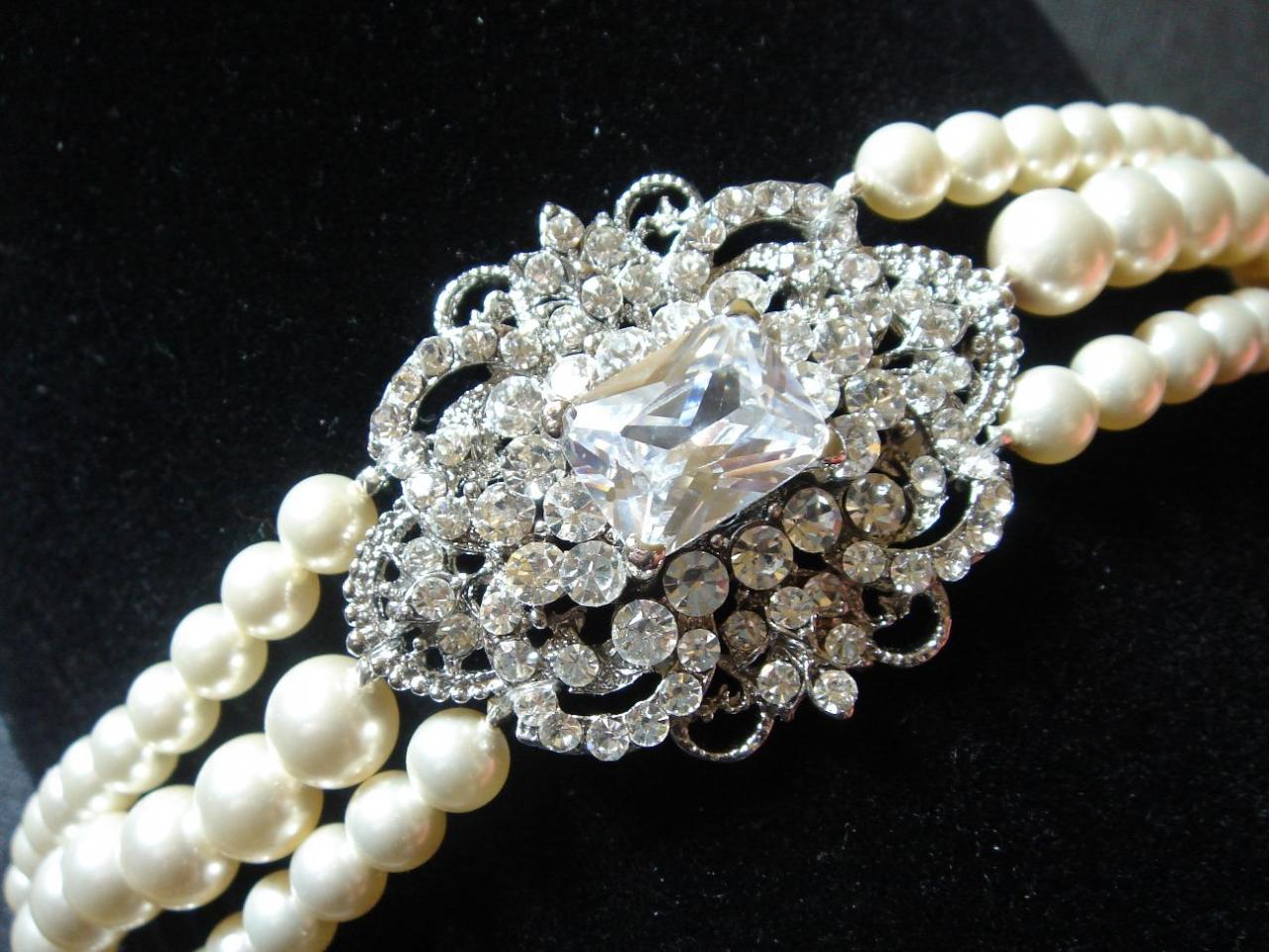 Vichy Jazz Age Inspired Statement Pearl and Lace Crystal Bracelet