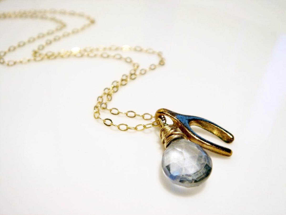Gold Dipped Wishbone And Blue Quartz 14k Gold Filled Necklace