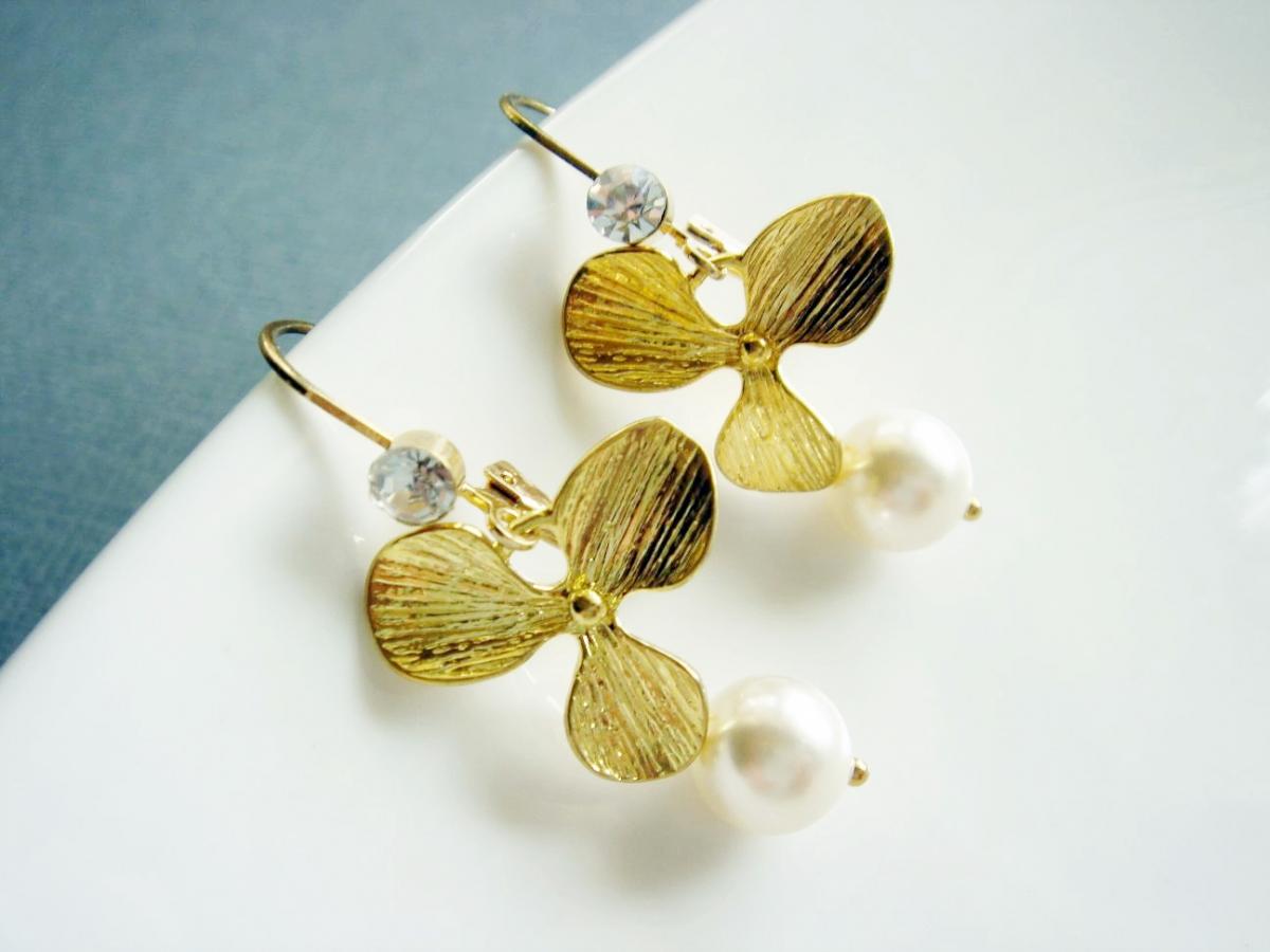 Bridal Golden Orchid and Pearl Earrings
