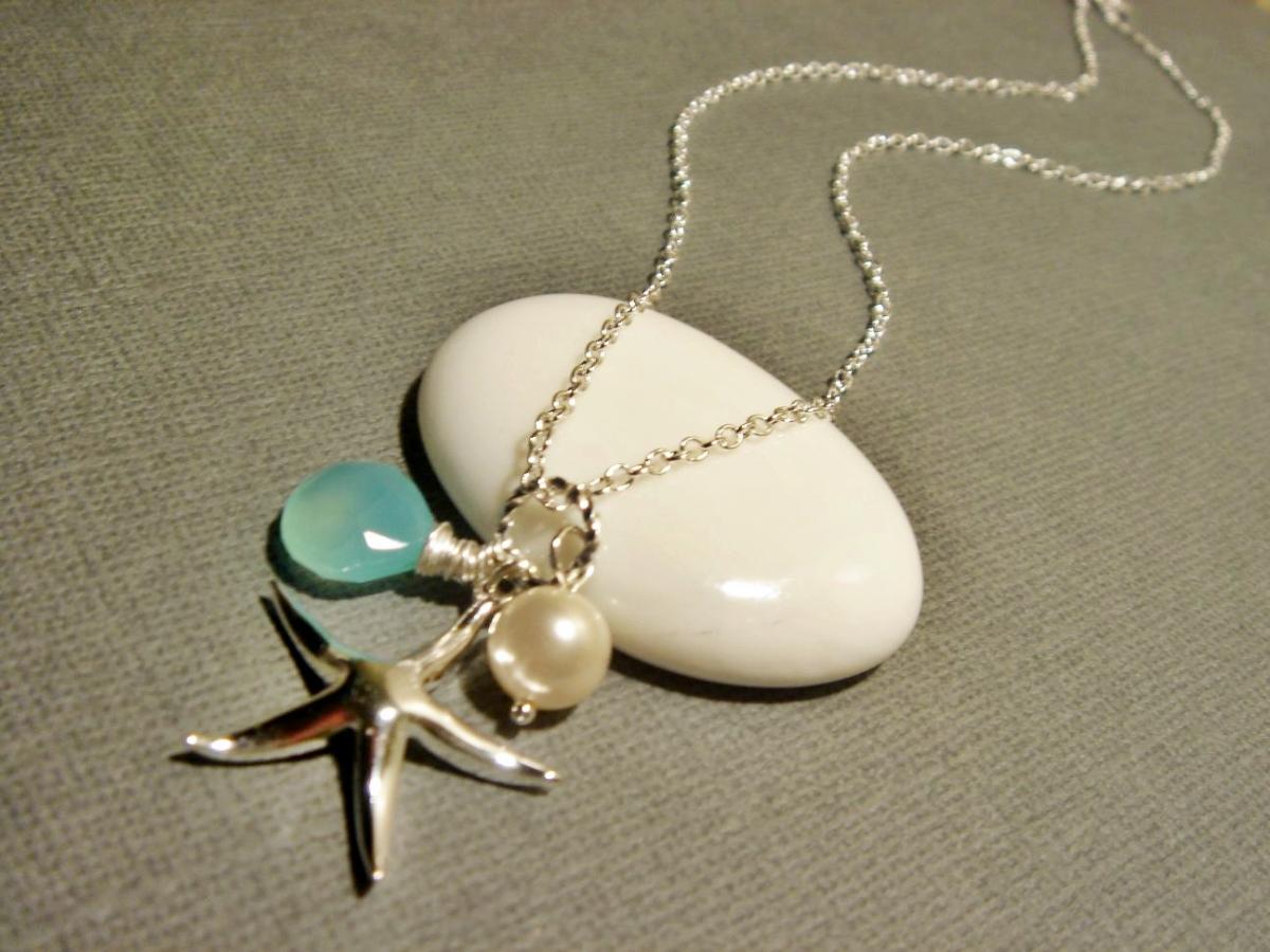 Beach Theme Wedding Chalcedony And Starfish Sterling Silver Necklace