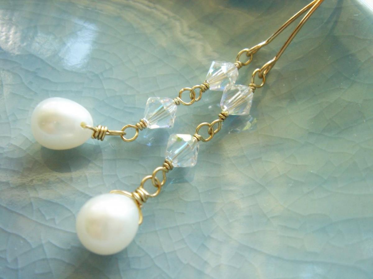 Delicate Freshwater Pearl And Swarovski Crystal 14k Gold Filled Earrings