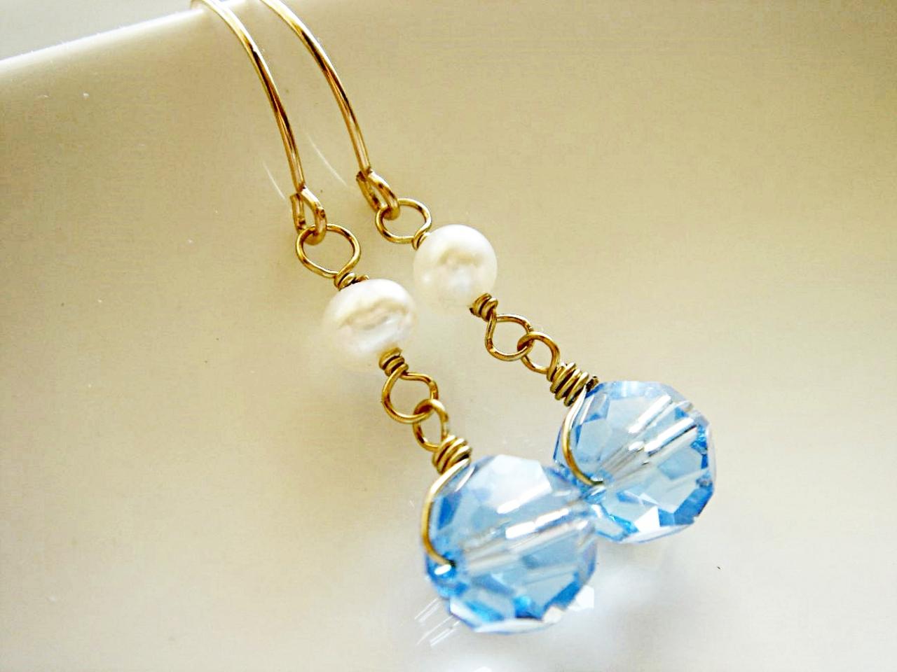 Something Blue Aquamarine Swarovski Crystal And Pearl 14k Gold Filled Earrings