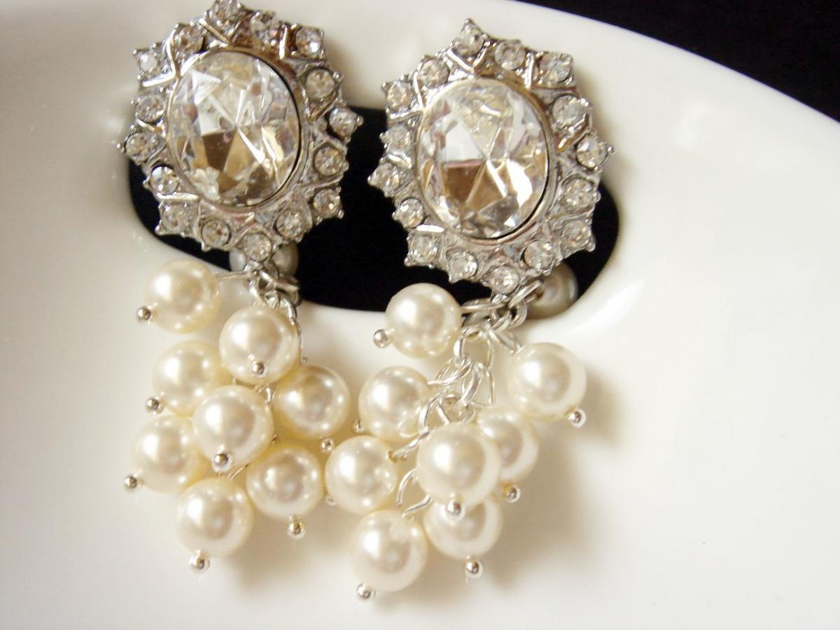 Bridal Pearl Cluster Large Statement Clip On Earrings